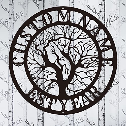 Personalized Tree of Life Metal Wall Art Metal Family Tree Decoration Tree Metal Wall Silhouette Custom Surname Letter Metal Wall Sign Indoor and Outdoor Metal Wall Hangings Wedding Gifts (Design 2)