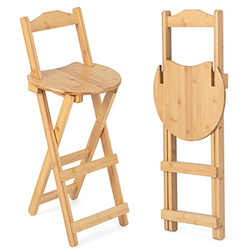 COSTWAY Folding Bamboo Bar Stools Set of 2, 24-inch Kitchen Counter Height Stools with Backrest and Footrest, Portable Bar Chairs for Home Kitchen Island Breakfast, No Assembly, Natural