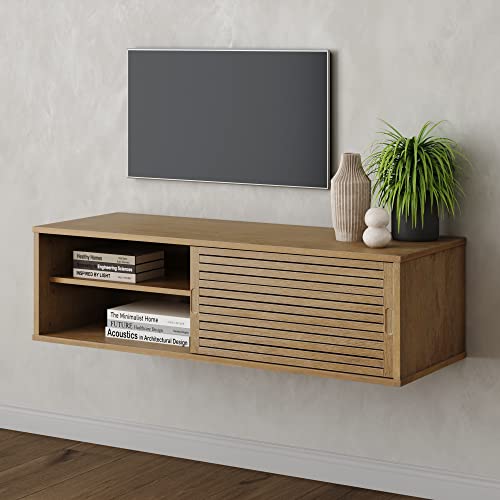 Nathan James Monroe Floating Wall Mounted Media Entertainment TV Console Cabinet with Sliding Door, 1, Light Brown