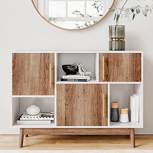 Nathan James Ellipse Multipurpose Storage Cabinet with Display Shelves and Doors, Entryway Modern Buffet or Kitchen Sideboard with Glam Gold Brass Accent, TV Stand, White