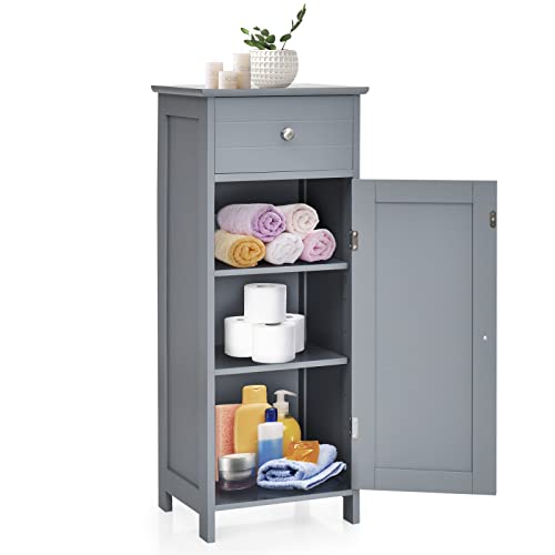 COSTWAY Bathroom Storage Cabinet, Single Door Floor Cabinet with Drawer and 3-Level Adjustable Shelves, Modern Side Storage Organizer with Anti-Tipping Device for Living Room, Bedroom (Gray)