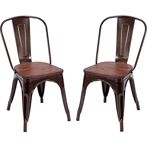 COSTWAY Tolix Style Dining Chairs Industrial Metal Stackable Cafe Side Chair w/Wood Seat Set of 2 (Copper)