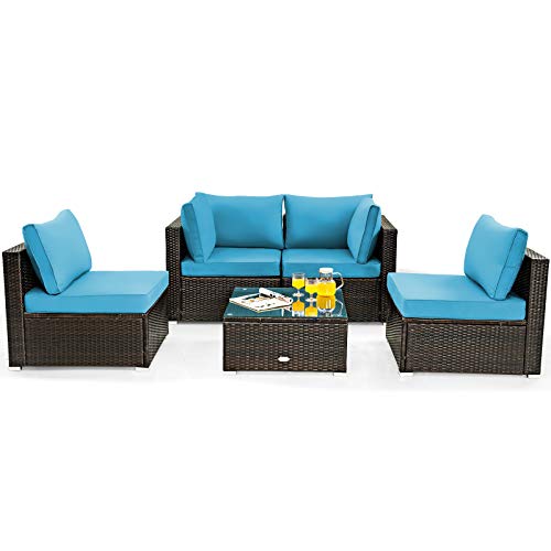 COSTWAY 5PCS Patio Rattan Furniture Set with Cushioned Sofa Chair, TeaTable, Turquoise