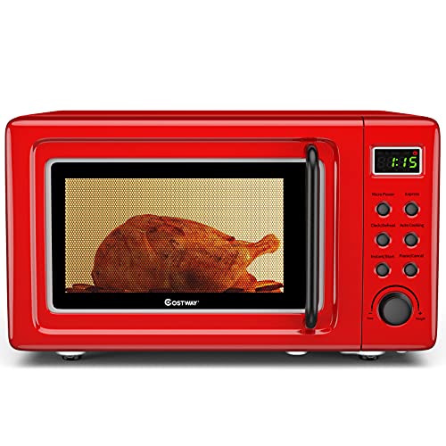 COSTWAY Retro Countertop Microwave Oven, 0.7Cu.ft, 700-Watt, High Energy Efficiency, 5 Micro Power, Delayed Start Function, with Glass Turntable & Viewing Window, LED Display, Child Lock (Red)