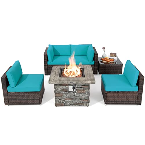 COSTWAY 6 PCS Patio Wicker Furniture Set 34.5" Fire Pit Table W/Cover Turquoise