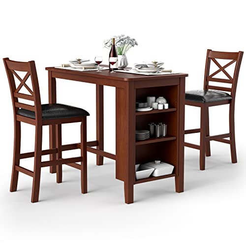 COSTWAY 3 Pieces Dining Table Set, Counter Height Pub Bar Table w/ 2 Upholstered Chairs and Storage Shelves, Bistro Table Set for Kitchen, Dining Room, Antique Walnut & Black (1 Table& 2 Chairs)