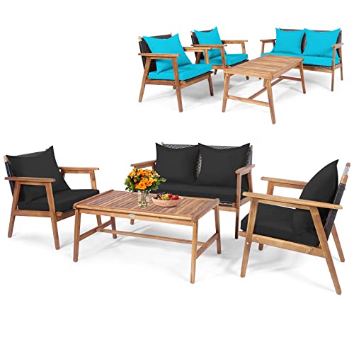 COSTWAY 4PCS Patio Rattan Furniture Set Wooden Cushioned Sofa W/Black & Turquoise Cover