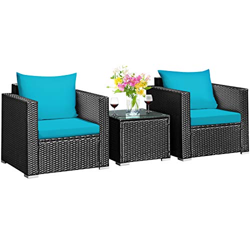 COSTWAY 3PCS Patio Rattan Wicker Furniture Set Sofa Table W/Cushion Turquoise