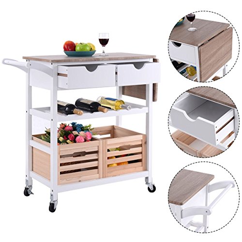 COSTWAY Rolling Kitchen Trolley Island Cart Drop-Leaf w/Storage Drawer Basket Wine Rack