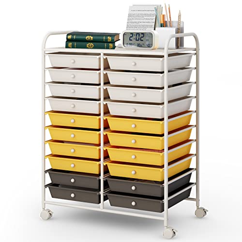 COSTWAY 20-Drawer Rolling Storage Cart, Utility Storage Organizer Cart for Tools, Scrapbook, Paper, Craft, Multipurpose Storage Trolley on Wheels for Home Office School (Yellow, Beige & Grey)