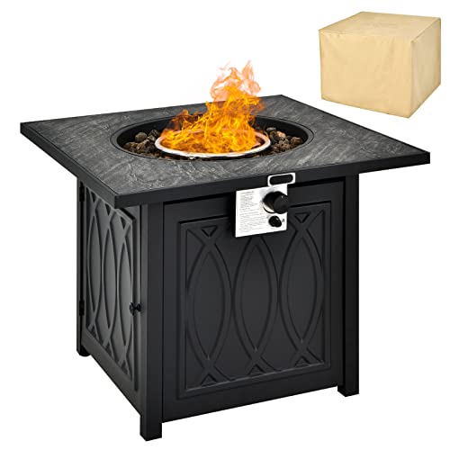 COSTWAY 50,000 BTU/14.65KW Fire Pit Table, 32"/81cm Outdoor Auto-Ignition Propane Fire Pit Table, Square Firepit with Waterproof Cover, Lava Rocks for Patio, Backyard, Balcony, Black