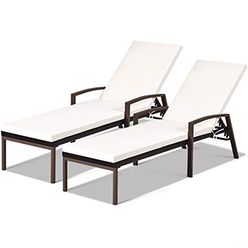 COSTWAY 2PCS Patio Rattan Lounge Chair Chaise Recliner Back Adjustable Cushioned Garden White