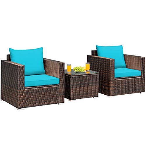 COSTWAY 3PCS Patio Rattan Furniture Set Conversation Sofa Cushioned Turquoise