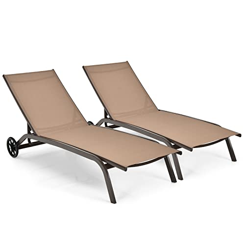 COSTWAY 2PCS Patio Lounge Chair Chaise Adjustable Back Recliner W/Wheels Brown