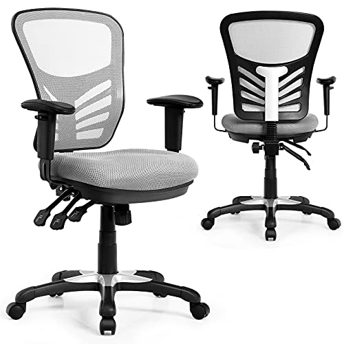 COSTWAY Mesh Office Chair, Mid Back Swivel Executive Task Chair with Height Adjustable Armrests, Lumbar Support and Rocking Backrest, Ergonomic Breathable Computer Desk Chair for Home Office (Grey)