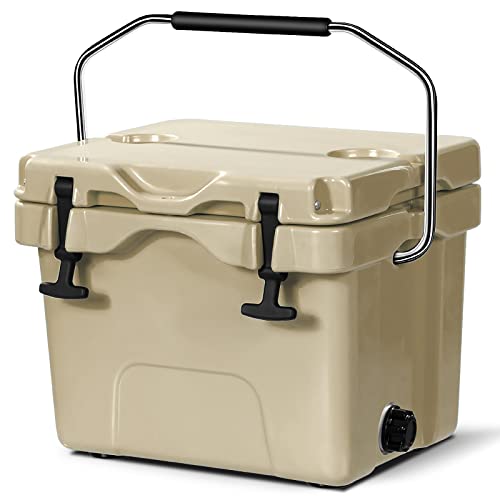 COSTWAY 16 Quart Cooler, 24 Can Insulated Ice Chest Box with Heavy Duty Handle and 2 Cup Holders, 3-5 Days Ice Retention, Portable Leakproof Hard Cooler for Camping, Fishing, Picnic, Outdoor (Khaki)