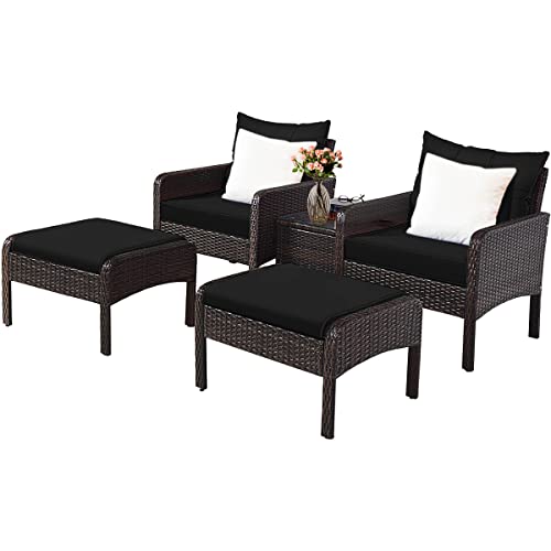 COSTWAY 5PCS Patio Rattan Wicker Furniture Set Sofa Ottoman Coffee Table Cushioned Black