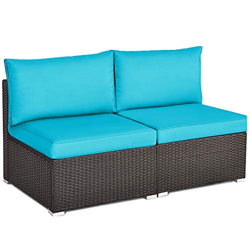 COSTWAY 2PCS Patio Rattan Armless Sofa Sectional Furniture Conversation Set Turquoise