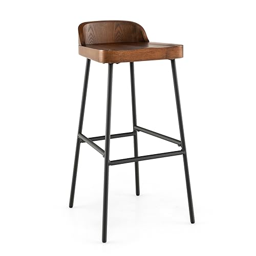 COSTWAY Bar Stool, 29-Inch Height Industrial Pub Stool with Backrest and Footrest, Metal Legs, Low-Back Breakfast Counter Height Chair for Living Room Kitchen Island Bar, Rustic Brown & Black