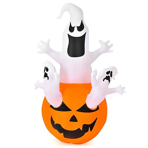 COSTWAY 6ft Halloween Inflatables Ghost, Pumpkin-Halloween Blow Up Yard Decorations w/Build-in LED Light