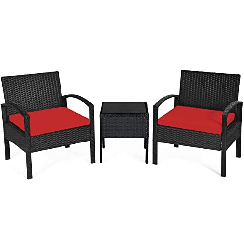 COSTWAY 3PC Patio Rattan Furniture Set Table Conversation Sofa Cushioned Red