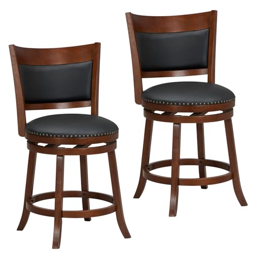 COSTWAY Bar Stools Set of 2, 25” Swivel Counter Height Stools with Backrests, 20‘’ Wider Cushioned Seats, Solid Wood Frames, Vintage PVC Leather Stools for Pub, Kitchen Island (2)