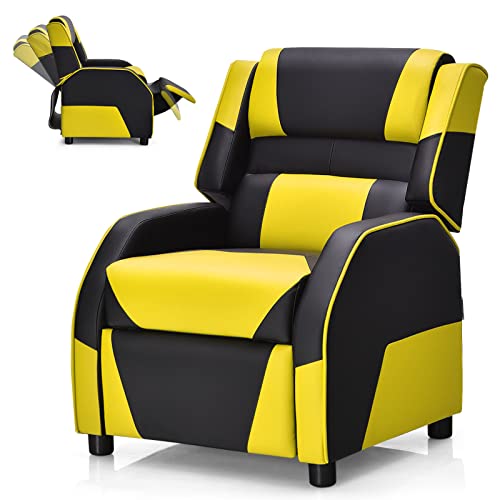 COSTWAY Kids Recliner Sofa, Toddler Leather Recliner with Adjustable Footrest & Headrest, Gaming Reclining Chair for Boys Girls Aged 3 Years Up, Kid-Sized Lounge Chair for Living Room (Yellow)