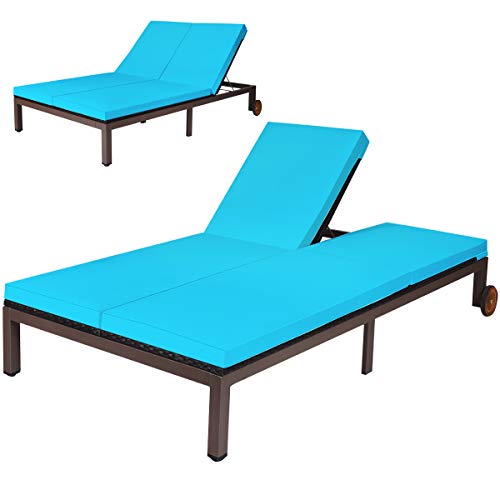 COSTWAY 2-Person Patio Rattan Lounge Chair Chaise Recliner Adjustable Cushion Turquoise