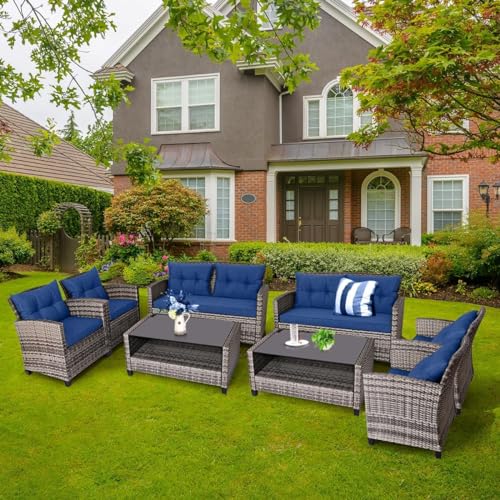 COSTWAY 8PCS Patio Rattan Furniture Set Coffee Table Cushioned Sofa Garden Lawn Navy