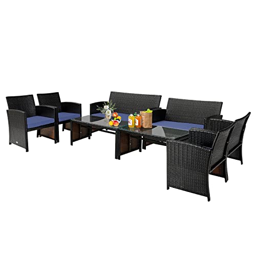 COSTWAY 8PCS Patio Rattan Furniture Set Conversation Glass Table Top Cushioned Sofa Navy