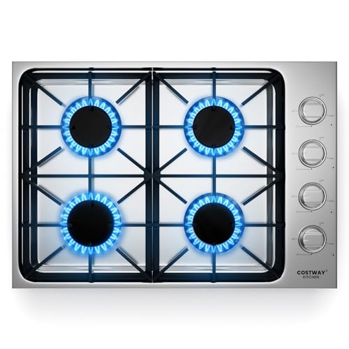 COSTWAY 30-inch Gas Cooktop, Stainless Steel Gas Stove Top with 4 Burners, ABS Knobs and Cast Iron Grates, NG/LP Convertible Gas Range Top with Sealed Burners for Kitchen, Easy to Clean, Silver