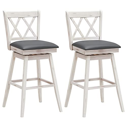 COSTWAY Bar Stool Set of 2, 360¡ Swivel Bar Height 29.5 inch Bar Stool with Foot Rest Upholstered Cushion & Ergonomic Backrest, Sturdy Frame, for Pub, Restaurant, Home (2, Antique White+ Grey)