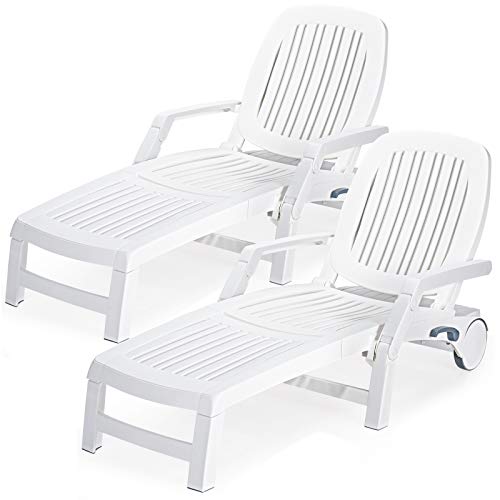 COSTWAY 2 PCS Lounge Chair Chaise Adjustable Recliner Weather Resistant White