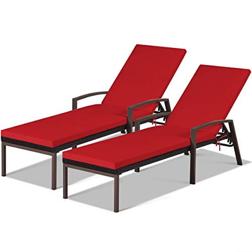 COSTWAY 2PCS Patio Rattan Lounge Chair Chaise Recliner Back Adjustable Cushioned Red