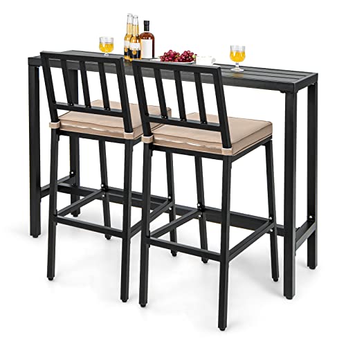 COSTWAY 3 Piece Outdoor Patio Bar Set, 55" Rectangular Pub Height High Top Bar Table with 2 Cushioned Bar Stools, Metal Bar Table and Chairs Set for Balcony, Backyard, Porch