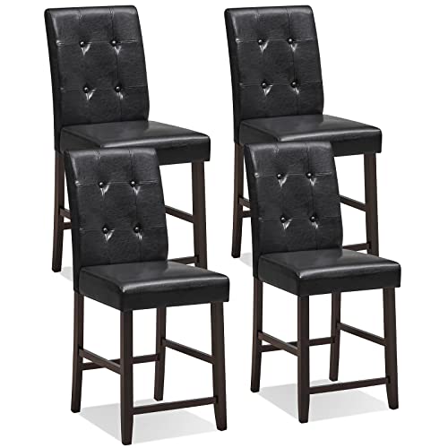 COSTWAY Bar Stools Set of 4, Counter Height Bar Stools with Rubber Wood Legs & Button-Tufted Back, Comfortable Footrest & Padded Seat, for Bar, Kitchen, Dining Room, Black + Brown (4)