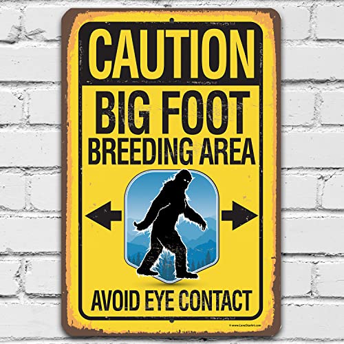 Caution Big Foot Breeding Area Sign - Funny Garden and Yard Decor, Sasquatch Warning Sign Outdoor Decor, Animal Man Cave Display and Gift, 12x18 Use Indoors or Outdoors Durable Metal Sign