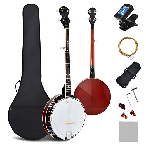 COSTWAY 5-string Banjo, 39Ó Full Size Banjo with 24 Bracket Remo Head, Geared 5th Tuner & Closed Solid Sapele Back, Beginner Banjo Kit with Digital Tuner, Spare Strings, Gig Bag, Picks, Strap & Wiper