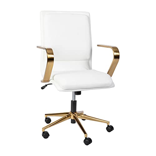 Flash Furniture James Mid-Back Designer Executive Office Chair - White LeatherSoft Upholstery - Brushed Gold Base and Arms - Height Adjustable 360° Swivel Seat