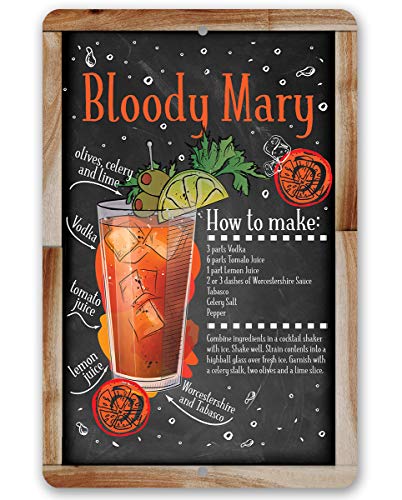 Bloody Mary Bar Recipe - Great Home Bar Decor, Kitchen and Bar Restaurant Display, Cocktail Drink Mix Decoration, 12x18 Indoors or Outdoors Durable Chalkboard Wood Framed Style Metal Sign