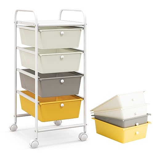 COSTWAY Rolling Storage Cart with 4 Drawers, Plastic Storage Cart and Organizer w/ 4 Removable Drawers, Multipurpose Organizer Cart for Home Scrapbook Paper Office School Tools (Yellow, White & Grey)