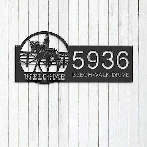 Personalized Horse Rider Welcome Address Sign House Number Plaque Custom Metal Sign 8x8 inches Black Power Coated Home Outdoor Decor Housewarming Gifts