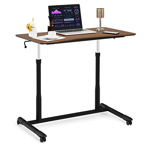 COSTWAY Mobile Height Adjustable Standing Desk, Compact Pneumatic Sit to Stand Computer Desk w/Lockable Casters, Ergonomic Rolling Laptop Table w/Steel Frame for Home Office (Espresso)