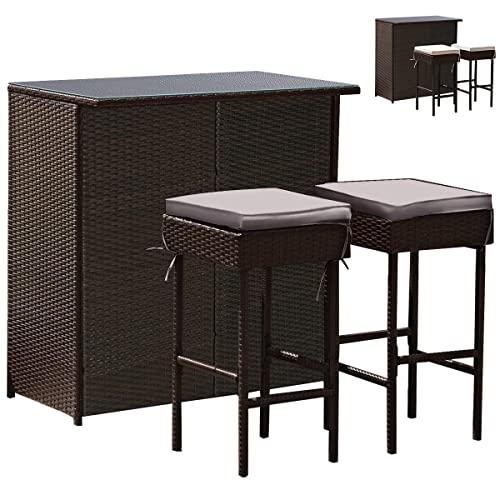 COSTWAY Patio 3PCS Rattan Bar Table Stool Set Cushioned Chairs w/Gray & Off White Cover