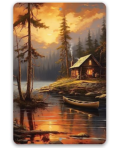 Cabin on the Lake Painting Art - Metal Sign - Cabin Rules - Durable Metal Sign - Use Indoor/Outdoor - Great Shed or Shak Decor and Housewarming Gift for Outdoorsy People (12" x 18")