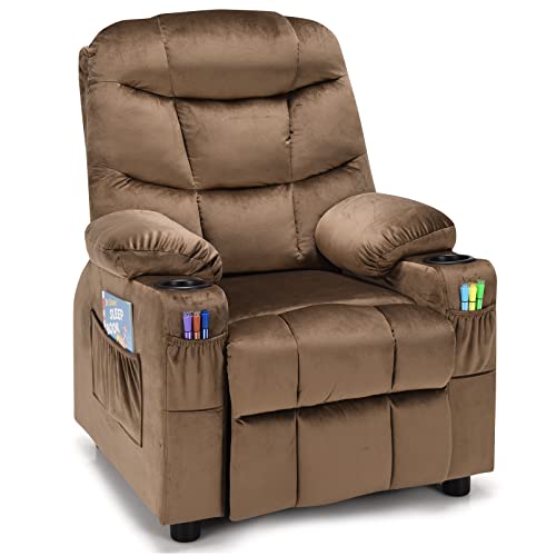 COSTWAY Larger Kids Recliner Chair, Adjustable Lounge Recliner w/ 2 Cup Holders, 1 Side Pocket, 2 Front Pockets, Footrest, Velvet Fabric Recliner for Boys & Girls, Ideal for Bedroom (Brown)