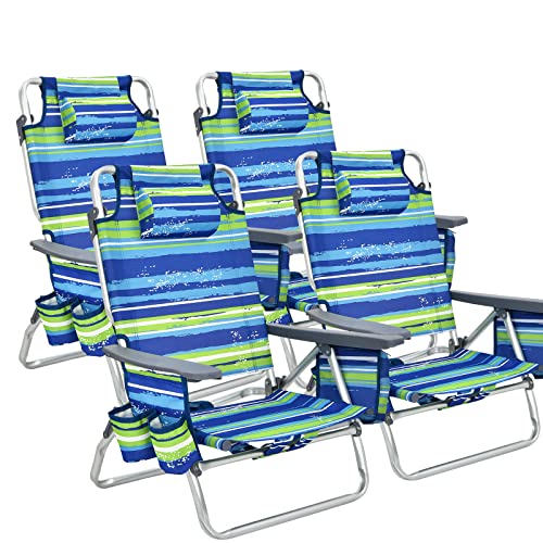 COSTWAY 4-Pack Folding Backpack Beach Chair 5-Position Outdoor Reclining Chairs w/Pillow, Blue & Green