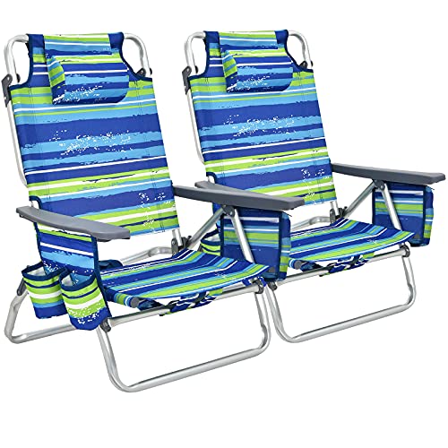 COSTWAY 2-Pack Folding Backpack Beach Chair 5-Position Outdoor Reclining Chairs w/Pillow, Blue & Green