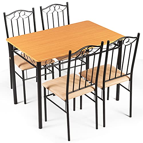 COSTWAY 5 Pcs Dining Table Set, with Metal Framework, Modern Dining Table Set, 5-Piece Dining Room Set, Kitchen Table with 4 Chairs for Home, Restaurant and CafŽ