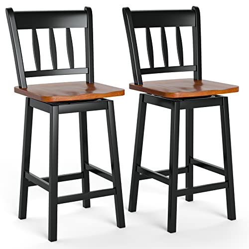 COSTWAY Bar Stools Set of 2, 24.5 Inch Rubber Wood Bar Chairs with 360¡Swiveling, Footrest, Swivel Counter Height Barstools Ideal for Kitchen Island, Counter, Pub or Bar (2, Black)